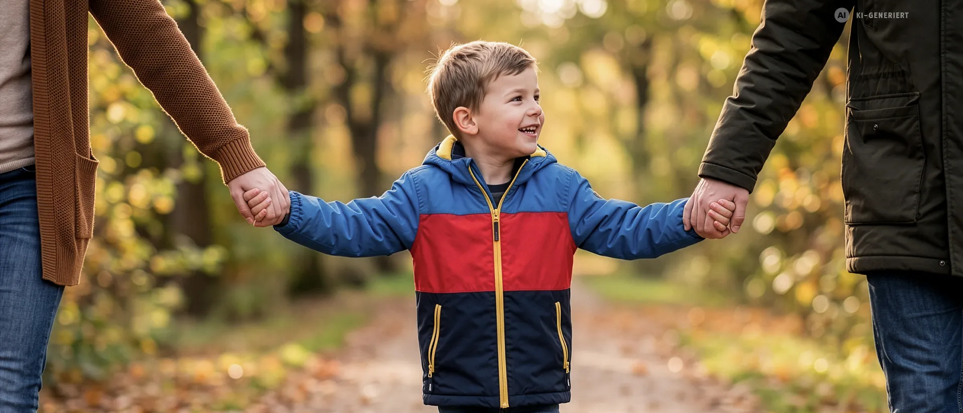 Ein Kind in einer bunten Jacke hält lächelnd die Hände von zwei Erwachsenen, die an einem herbstlichen Waldweg spazieren gehen. | © KI-genieriert